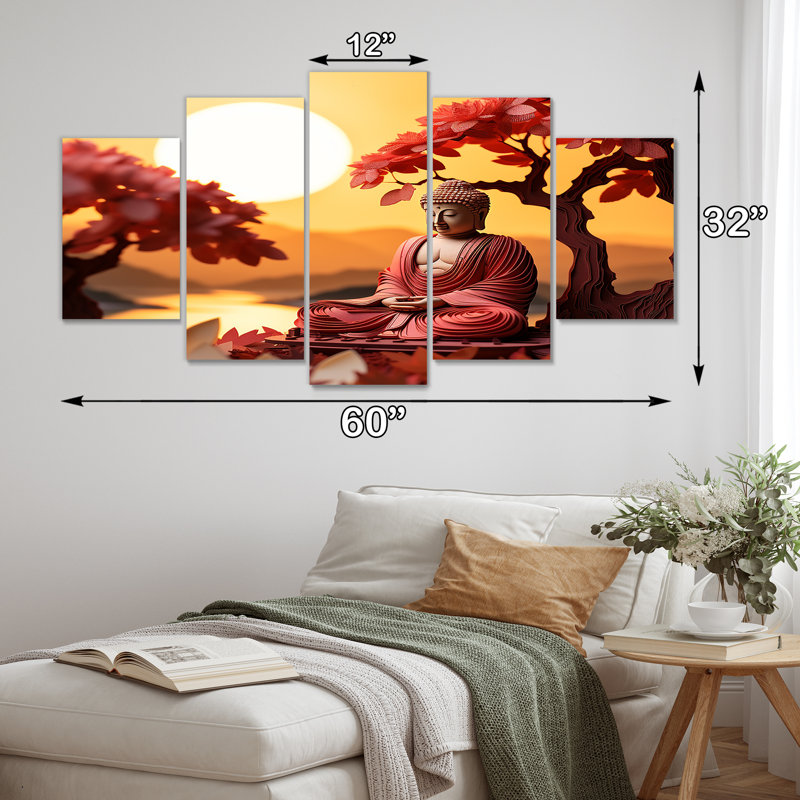Bouddha rouge au coucher du soleil d'automne, art mural 5 pièces
