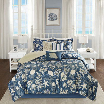 Ensemble d'édredon en satin de coton 7 pièces bleu