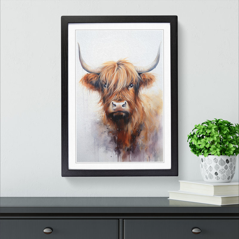 Highland Cow Tachisme - Single Picture Frame Print on Wood, Black, 64cm H x 46cm W x 2cm D
