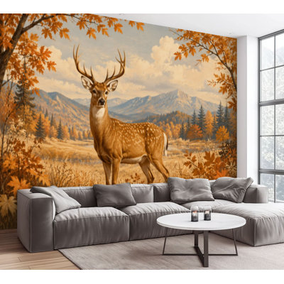 Wall Mural Peel and Stick Wallpaper Majestic Deer Autumn Forest Orange Foliage Serene Nature Scene Self-Adhesive Removable Contact Paper Wall Decor for Living Room Bedroom 100"H x 144"W