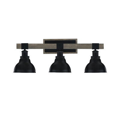 Barre d'éclairage de salle de bain 3 lumières Bitner présentée en noir mat et finition en métal d'aspect bois patiné avec abat-jour en métal à double bulles de 7 po noir mat