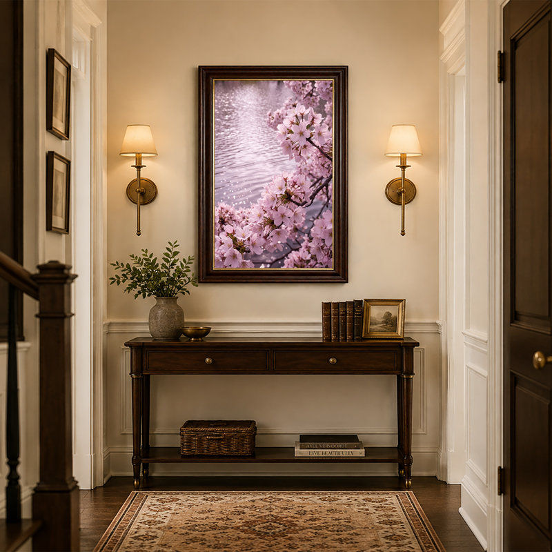 «Pink Cherry Blossoms Over Shimmering Water», art mural sur toile, H 24 po x l 16 po