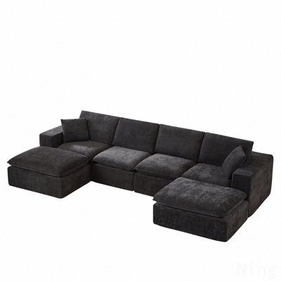 6 Seat Chenille Modular Cloud Sofa with 2 Ottomans,  Black
