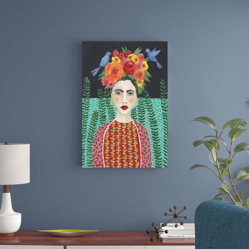 «Frida Head Coiff II» par Regina Moore - peinture sur toile tendue, H 30 po x l 20 po, Toile encadrée, Noir