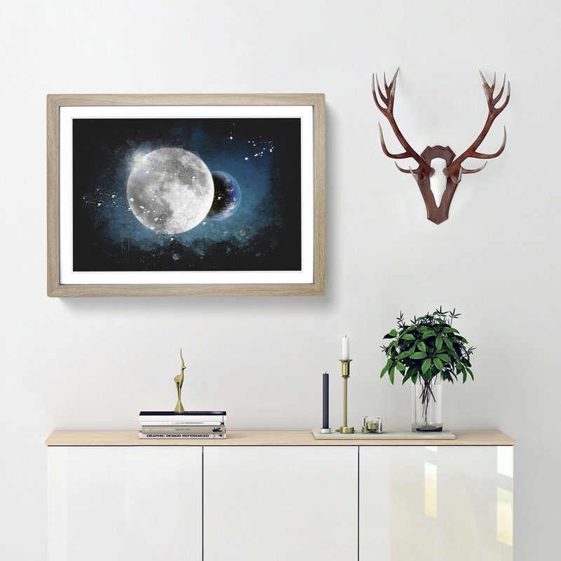 Earth Behind The Moon Paint Splash - Framed Print, 62cm H x 87cm W x 2cm D, Oak Framed