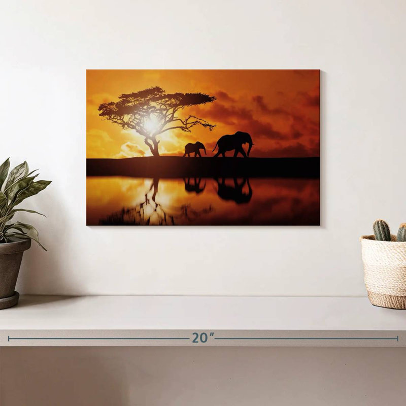 Silhouettes d'éléphants Brampt au coucher du soleil, H 8 po x l 12 po