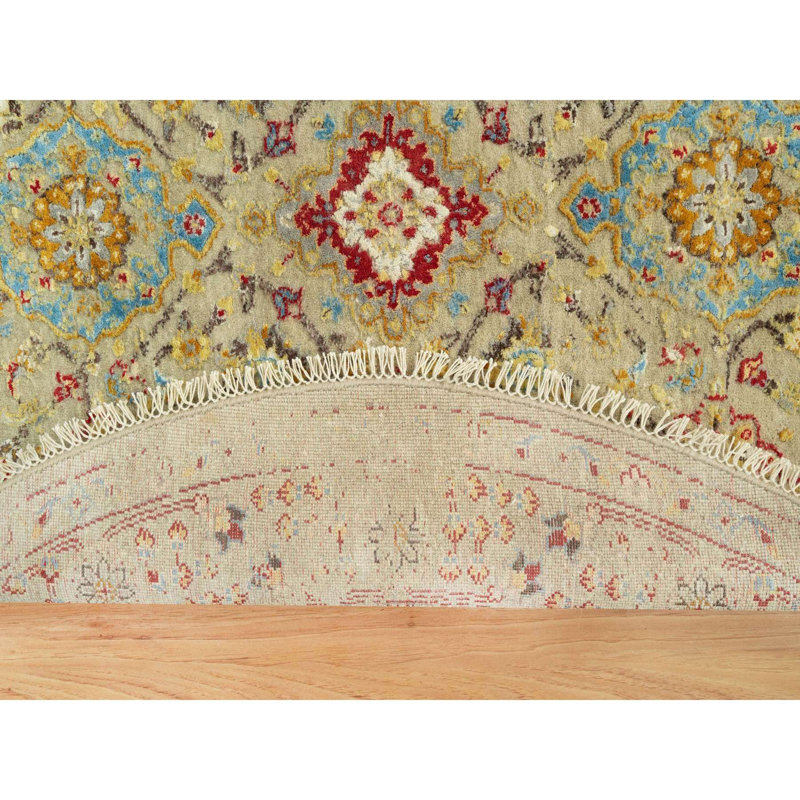 Tapis oriental rond noué à la main en laine et en soie de couleur chameau 6 pi x 6 pi E380051772854A6A81E4896E39435825