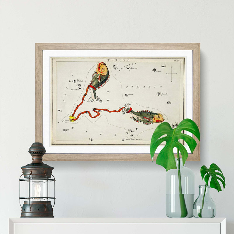 Astronomical Zodiac Chart Of The Pisces - Single Picture Frame Painting, 24cm H x 33cm W x 2cm D, Oak