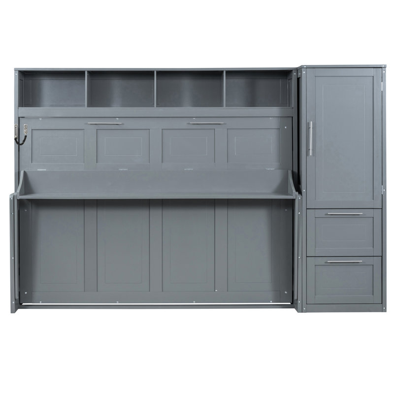 Grey Queen Wall Bed With Closet And Drawers, Transform Your Room Into A Multifunctional Clutter - Space Side Flip Storage For Different Living Scenarios