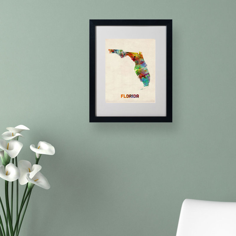 « floride map » par michael thompsett, impression encadrée, H 14 po x l 11 po x P 0,5 po, Noir