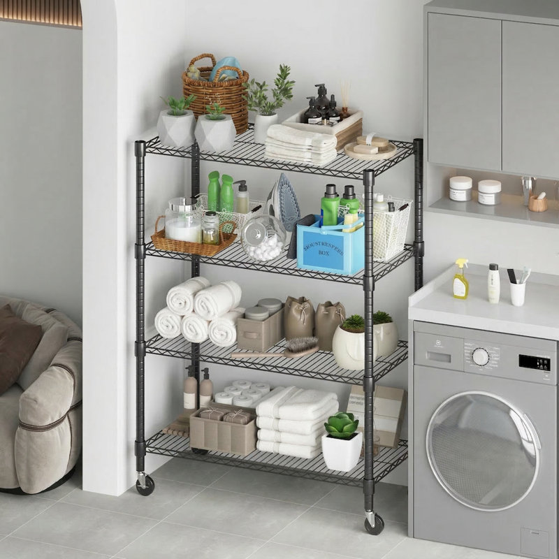 Yelena 90cm W Metal Shelving Unit with Wheels, 183cm H x 90cm W x 45cm D, Black