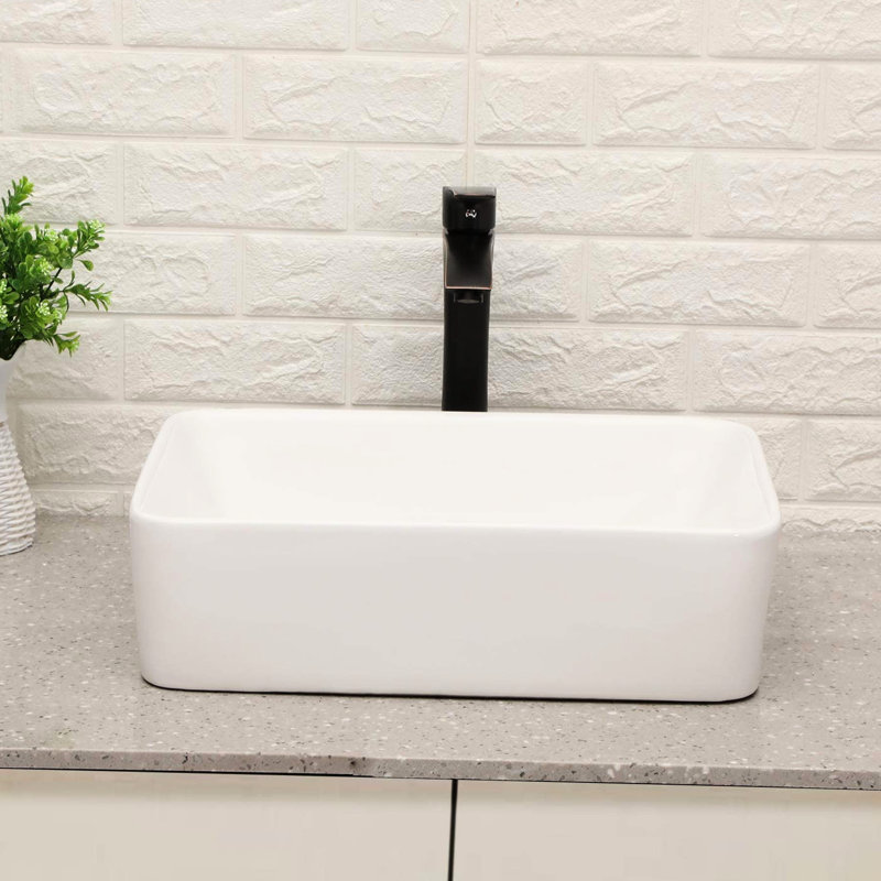 Vasque en céramique blanche 19 po x 15 po - Meuble-lavabo moderne avec lavabo et robinet en bronze à l'huile