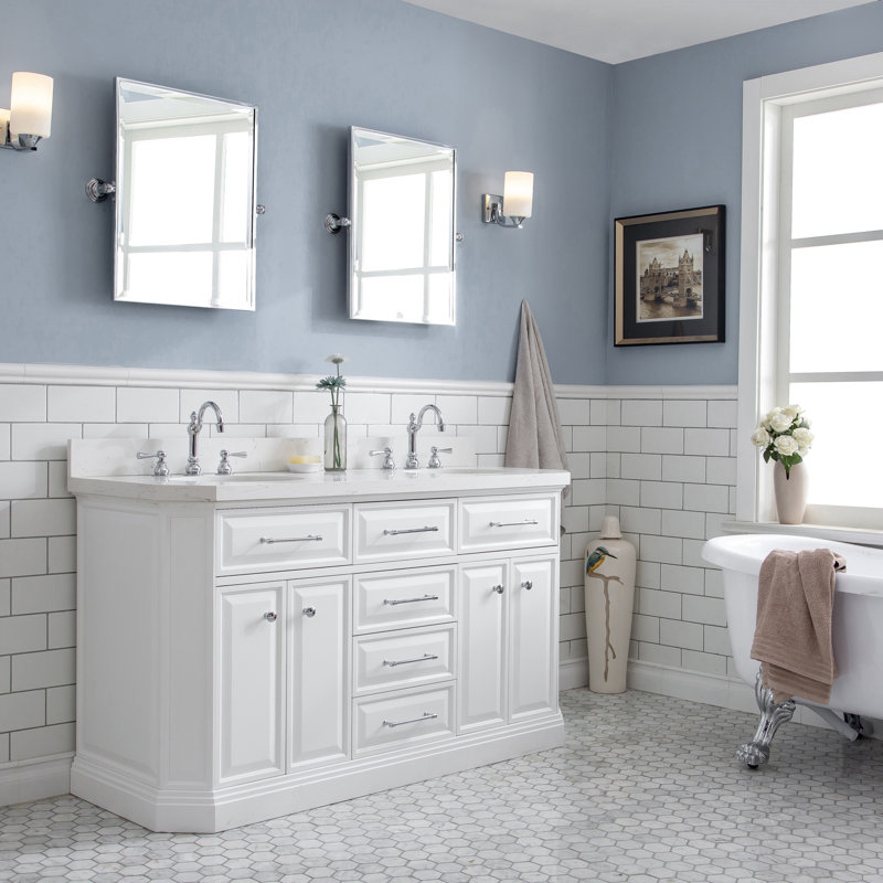 Meuble-lavabo de comptoir en quartz Carrara de 60 po avec robinet Bruning, Blanc pur, Chrome, fixé sur le comptoir