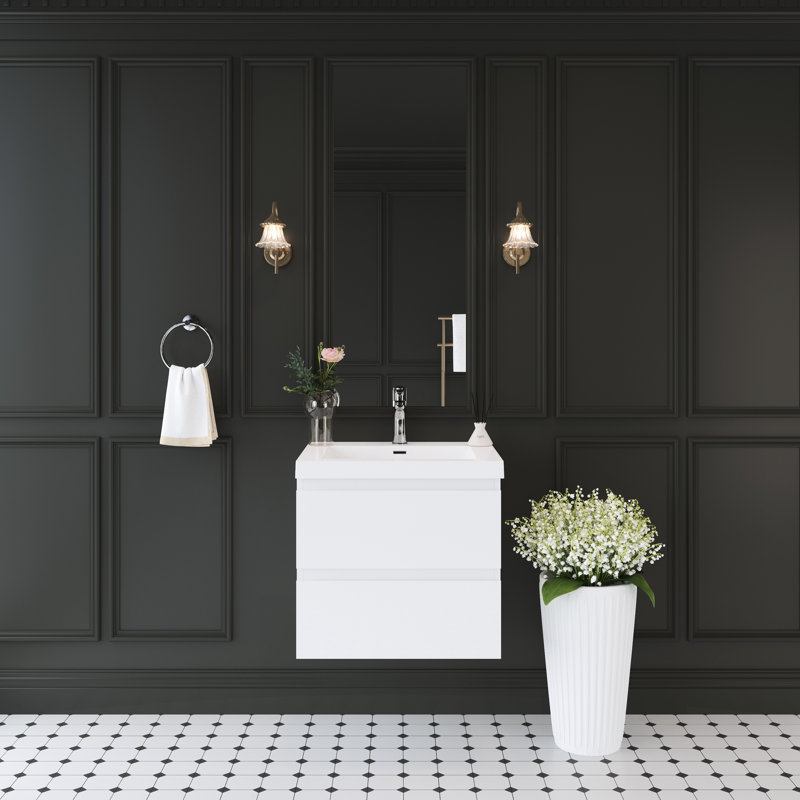 Meuble-lavabo mural moderne 24 po, lavabo blanc brillant, lavabo à surface solide, tiroirs à fermeture en douceur, fabrication en une pièce en résine, fonctionnement stable et durabilité