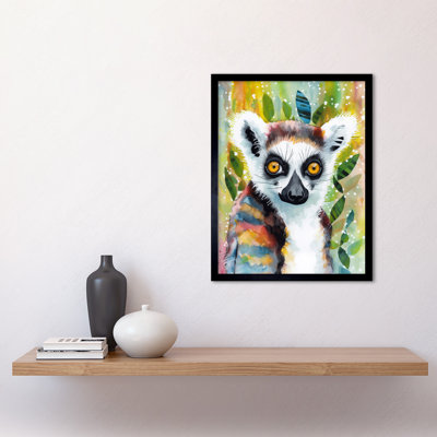 Lemur Portrait Folk Art Watercolour Painting Art Print Framed Poster Wall Decor 12x16 inch