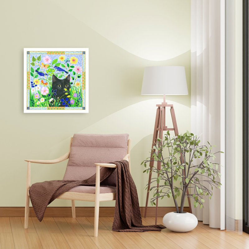 Black Cat In Jewelled Garden Colorful Playful Vibrant Butterfly Bird Cat Flower Nature Wall Art Print 1 Piece Wrapped Canvas Wall Art