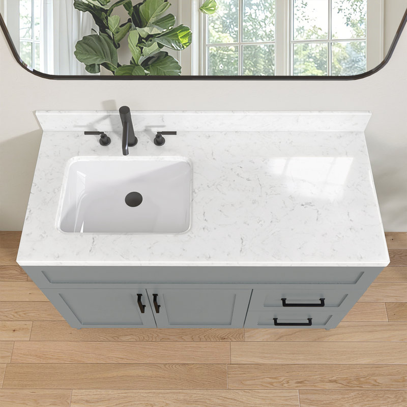 Plateau de meuble-lavabo en pierre reconstituée de 48 po x 22 po avec dosseret de 4 po, lavabo pré-installé, 1,38 po d'épaisseur, 3 trous de robinet pré-percés, lavabo décalé à gauche, installation encastrée