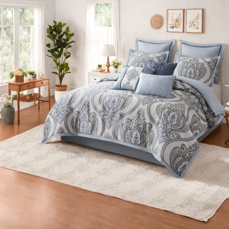 Piece Full Queen Bedding Sets, Blue Polyester Chenille Jacquard for Home