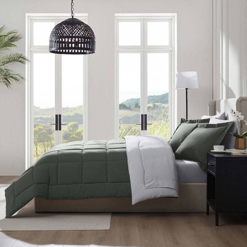 Bed-in-A-Bag Reversible Comforter Set with Bed Sheets, Olive Green, Queen Comforter + 7 Additional Pieces