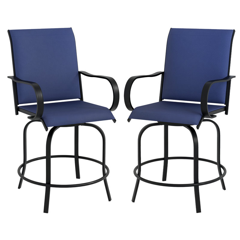 Aulton Outdoor Bar Stools Set of 2 w/ Armrests, Bar Height Chairs, Navy, Navy Blue