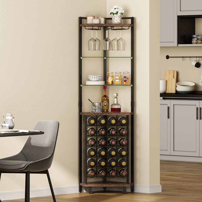 Samontha 67" Height Corner Bar Cabinet with LED Light and Outlet, Freestanding Corner Wine Rack with 6 Tier Wine Rack and Goblet Rack
