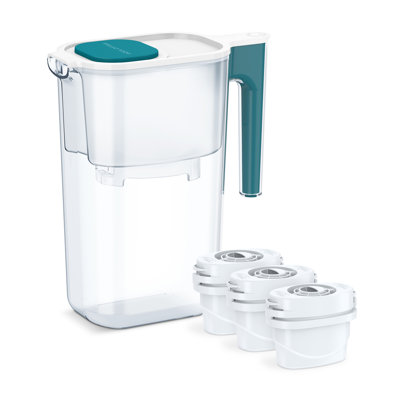 Pichet à filtre à eau parfait pour 10 tasses par Aqua Optima, ergonomique, élimine les éclaboussures et les déversements, sans BPA, certifié Wqa, comprend 3 filtres à eau Evolve +, bleu sarcelle