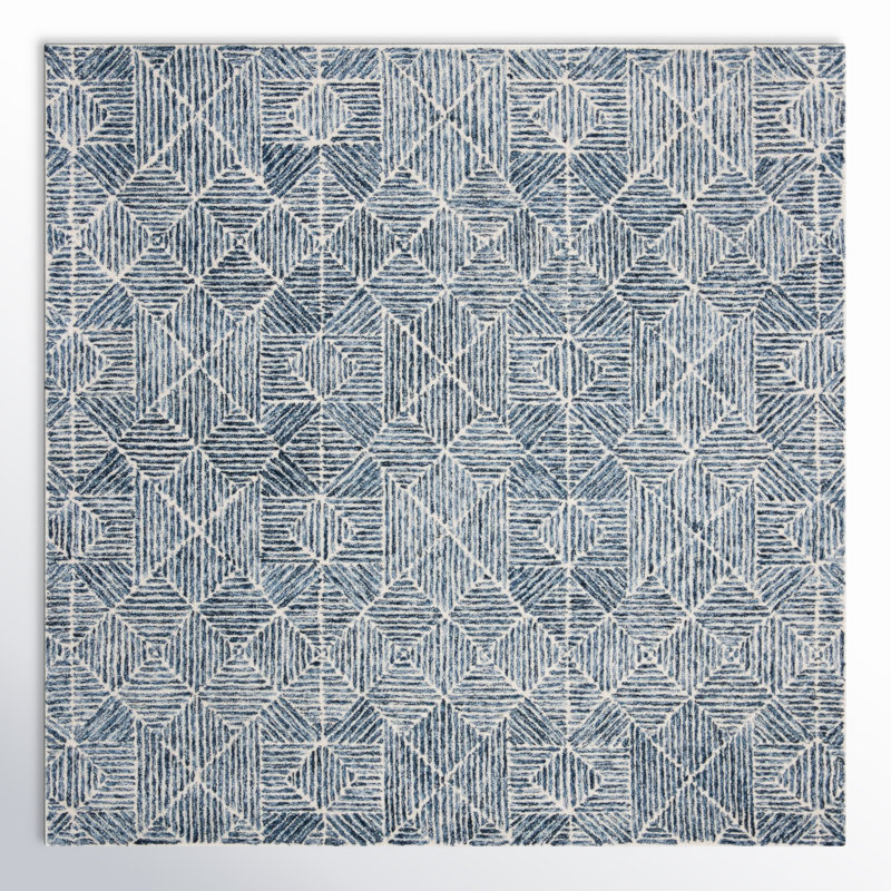 Tapis bleu / ivoire fabriqué à la main Linsly, Carré 4 pi