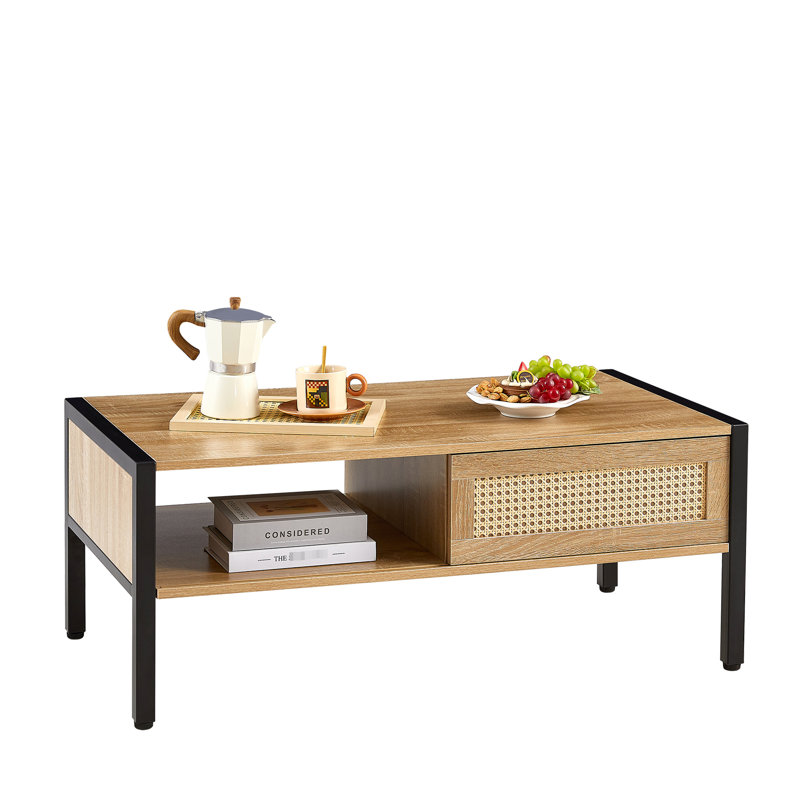 Table basse moderne pour la décoration d'espace de vie - 39,65 po x 21,56 po 16,37 po, pieds en métal, table de style pièce de couleur naturelle, rangement pour porte coulissante