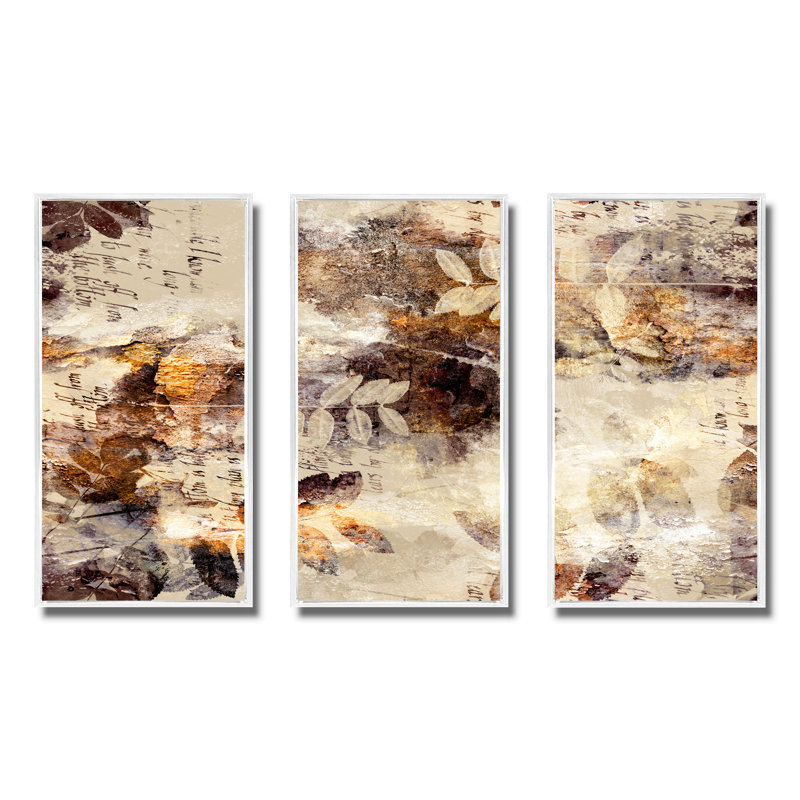 Brun, orange, gris et motif grunge - ensemble de 3 reproductions d'art encadrées sur toile, H 20 po x l 36 po x P 1 po, Blanc