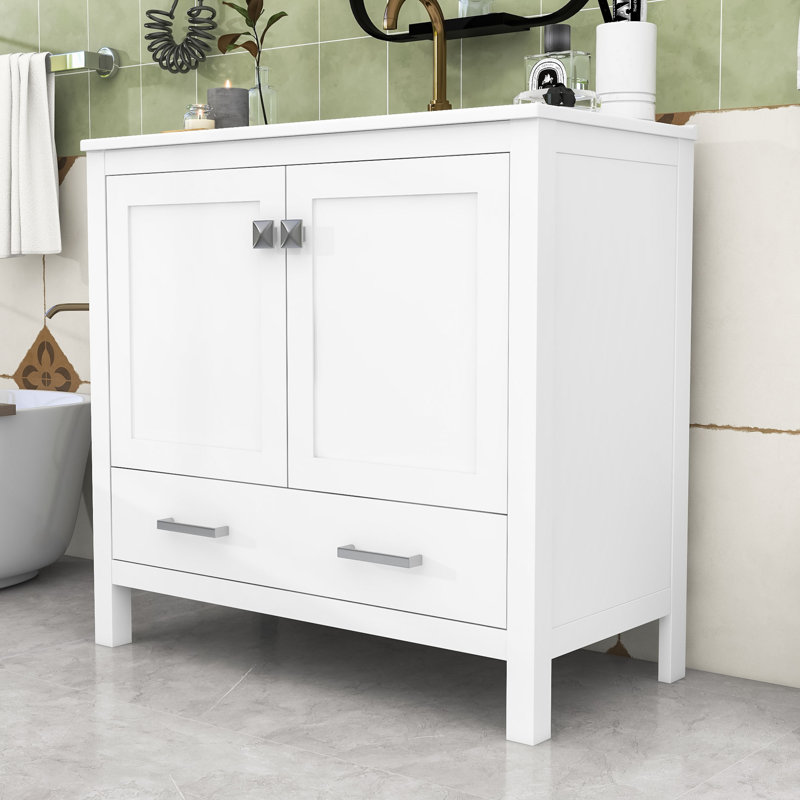 Meuble-lavabo moderne avec lavabo en céramique, portes à fermeture en douceur et tiroir divisé, Blanc / blanc