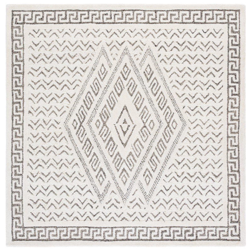 Mykonos 502 Hand Tufted Wool/Cotton Geometric Rug in Ivory/Gray, Square 6'
