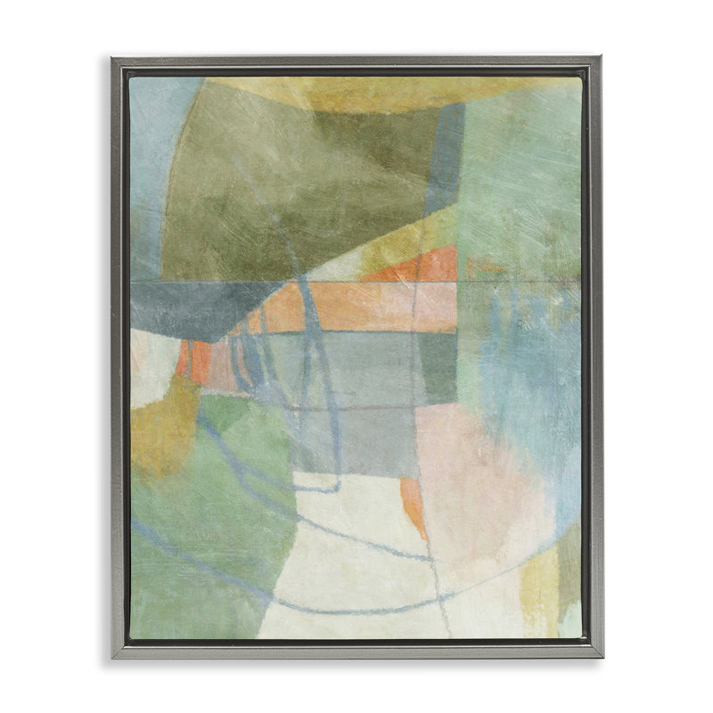 «Pastel & Green Shapes» par Suzanne Nicoll, H 31 po x l 25 po, Cadre flottant gris lustré