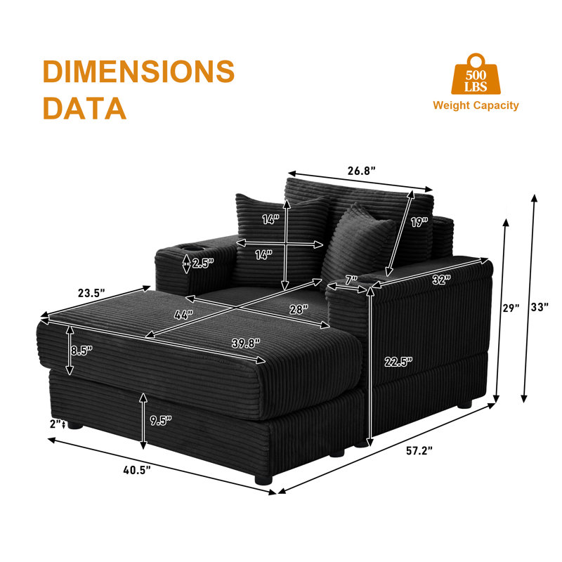 40" Oversized Corduroy Lounge Chair and Ottoman Set with Cup Holders and USB, Black Corduroy