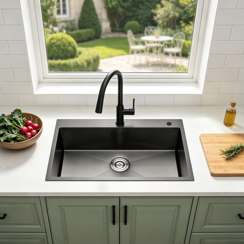 32"L × 19"W Drop-in Single Bowl Stainless Steel Kitchen Sink, Black