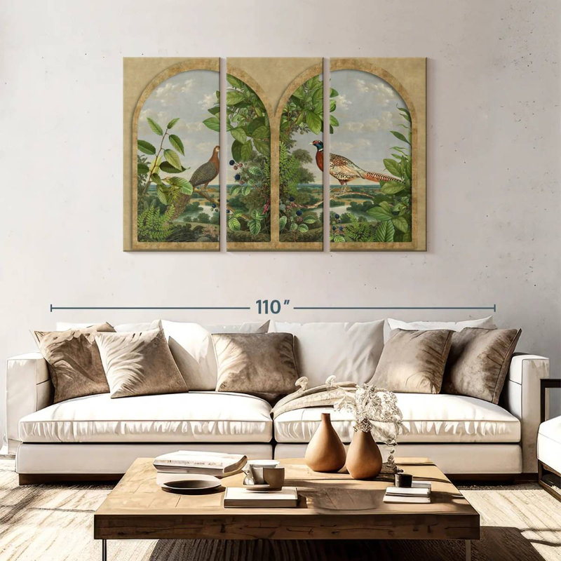 Fenêtre antique Brampt avec oiseaux nordiques, H 48 po x l 74 po
