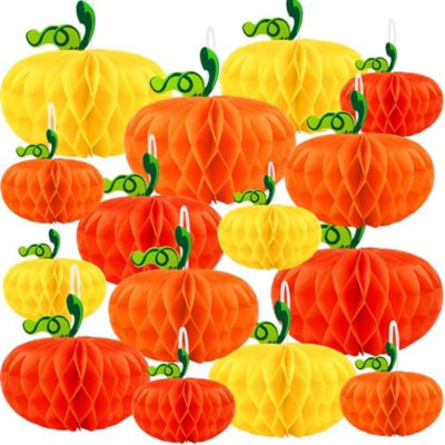 15 pièces de citrouille décorations en nid d'abeille, ornements suspendus orange rouge jaune en nid d'abeille pour les fournitures de fête d'automne de l'Action de grâce