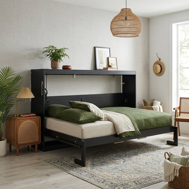 Lit escamotable latéral escamotable avec éclairage DEL sous le lit et station de charge USB, cadre de lit mural en bois avec espace de travail intégré, armoire-lit escamotable peu encombrante