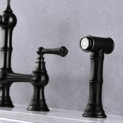 Bridge Style Kitchen Faucet With Dual Handles In Matte Black And Pull-Out Side Spray, 360 Turning High Overflow, Rust, , Leak-, Brass Manufactured Two Degree Rotating Cleaning Rust-, , Leak-,