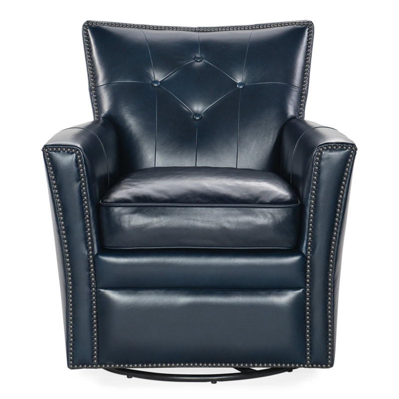 Hamptons Blue Leather Swivel Accent Chair with Nailhead Trim