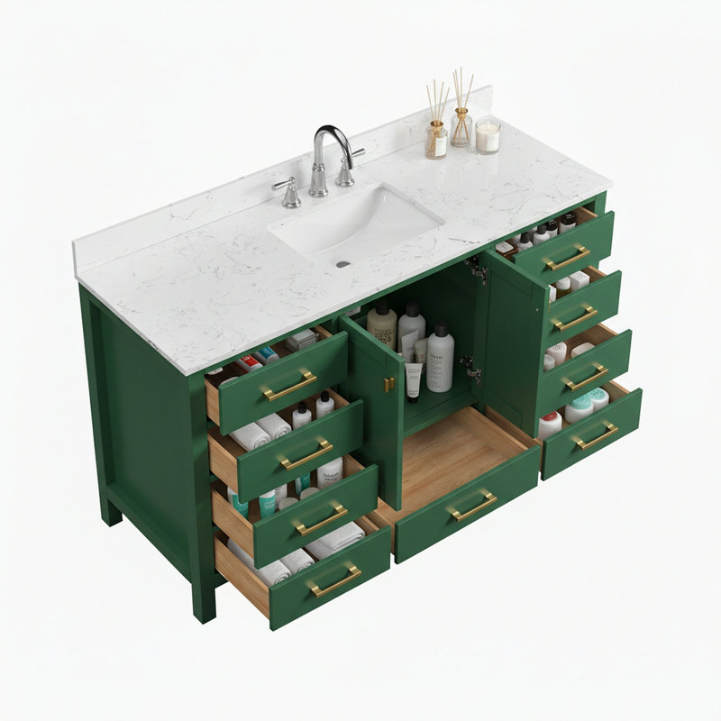 Meuble-lavabo autoportant 60 po avec comptoir simple en bois massif 60 po, Vert