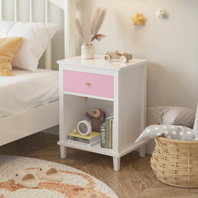 26.77''H Wooden Nightstand with One Drawer One Shelf for Kids, Adults, White+Golden handle