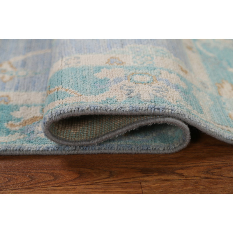 Tapis bleu en laine noué à la main de conception unique 2 pi 1 po x 4 pi 0 po New Age