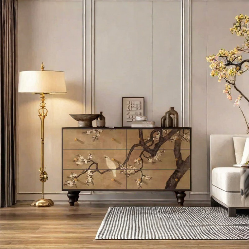 Six-Drawer Sideboard with Solid Pine Frame, Yellowish Brown/Black