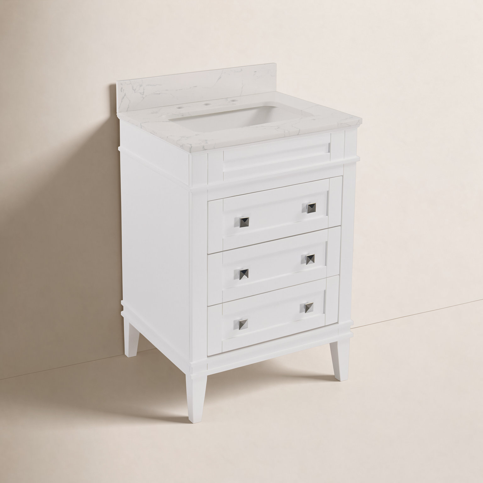 24 " Pine Single Bathroom Vanity, Engineered Marble, White