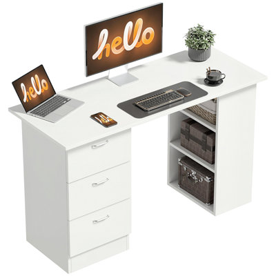 Bureau d'ordinateur moderne de 119 cm (47 po) avec bibliothèque intégrée, table de travail, 3 tiroirs et tablette de rangement, blanc