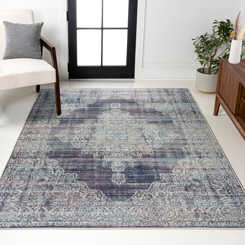 Regis Bohemian Medallion Machine-Washable Purple/Cream Rug, Rectangle 2'11" x 5'