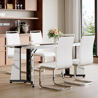 5 Piece Dining Table Set Featuring A Faux Marble Tabletop And Streamlined Support Legs. 70.9" Rectangular Dining Table Set For 4 Delivers Stability, Comfort And Style.