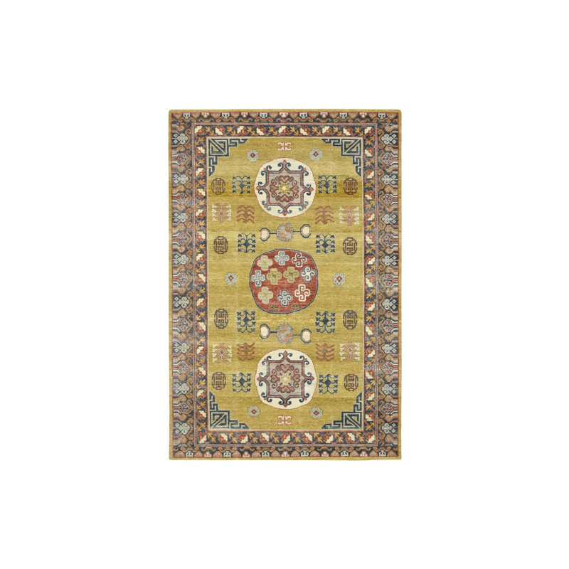 Tapis jaune 100% laine noué à la main 6 pi 1 po x 9 pi 4 po E7B30F43895A4DEABE627DECACE4EBFA
