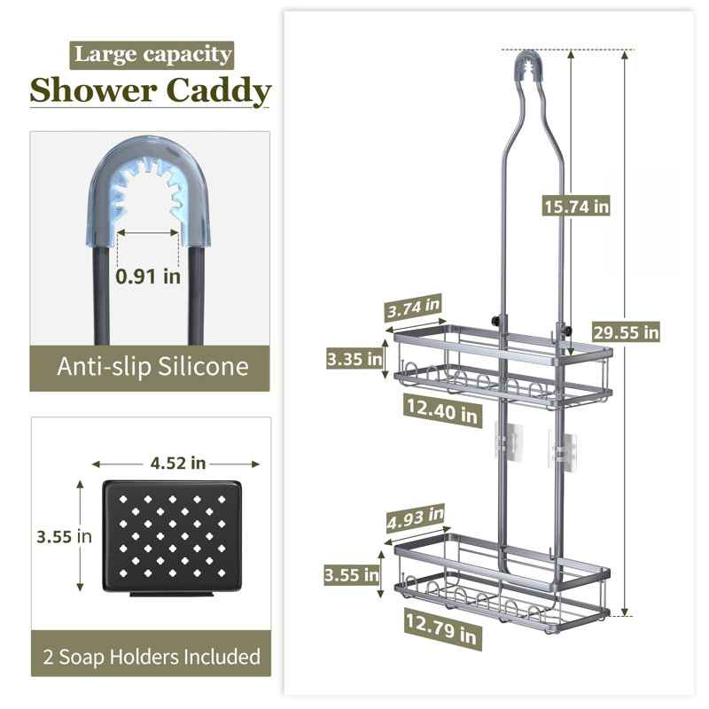 Porte-savon suspendu au pommeau de douche, réglable, gris, convient aux flacons hauts jusqu'à 45 cm ; comprend 2 porte-savons