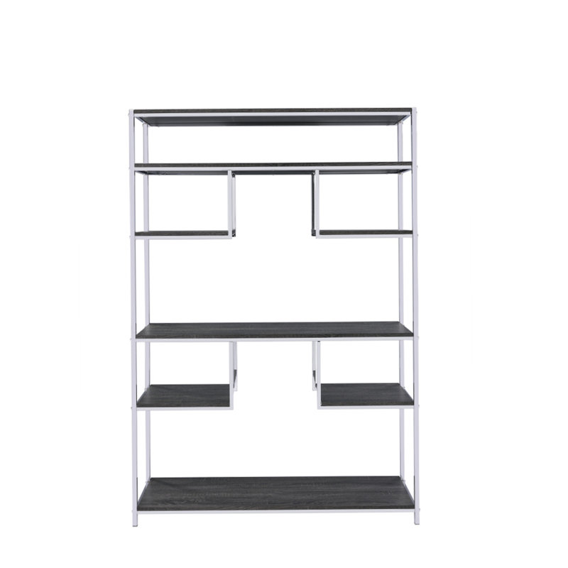 Gray Oak and Chrome Industrial Bookshelf with Open Shelves